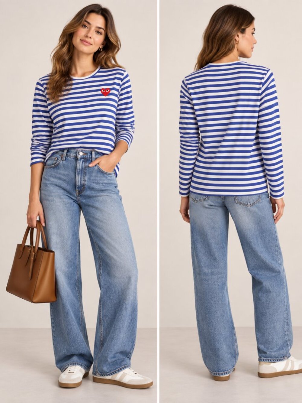 Comme des Garçons PLAY Blue White Striped Heart Long Sleeve Tee L
